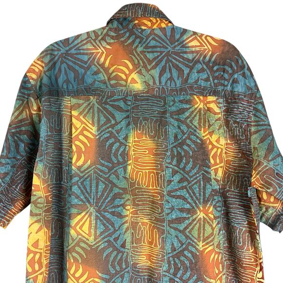 Johari West Shirt Men Sze L Teal Yellow Multi Batik Geometric Hawaiian Button Up - Picture 4 of 8